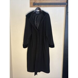 Vintage Herman Kay Trench Coat Women's XL Black Wool Blend Cotton Velvet Trim